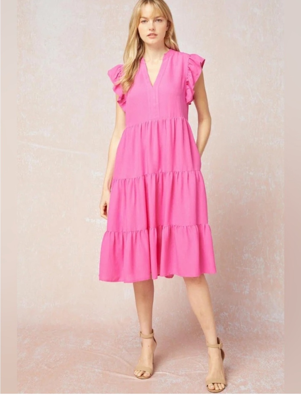 Entro Pink Ruffle Sleeve Tiered Midi Summer Dress